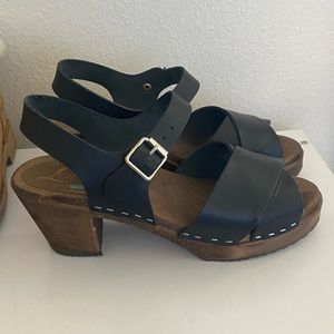 Black cross over high wood dark base leather clogs Lotta from Stockholm